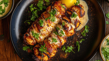 A beautifully plated dish of grilled chicken garnished with fresh herbs and lemon, perfect for a gourmet meal or special occasion.の素材