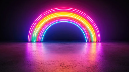 A stunning neon rainbow arch elegantly glows against a dark backdrop, creating a playful and vibrant atmosphere perfect for modern designs.の素材