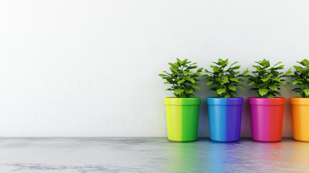 Brighten your space with vibrant pots and green plants. Perfect for home decor or gardening inspiration, this image offers a fresh take on interior design.の素材