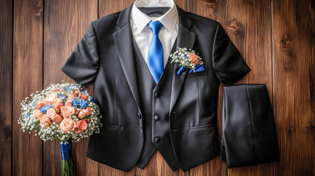 Stunning arrangement of a groom's suit paired with a beautiful bridal bouquet on a wooden surface, perfect for wedding planning and celebration.の素材