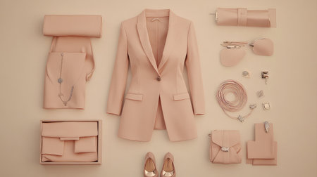 A stylish arrangement of neutral fashion items showcasing a blazer, accessories, and shoes. Perfect visual inspiration for modern wardrobe planning.の素材