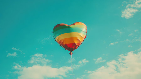 A vibrant heart-shaped balloon floats against a backdrop of a clear blue sky, radiating love and joy. Perfect for summer celebrations and romantic themes.の素材