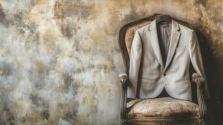 A stylish suit hangs elegantly on a vintage chair, showcasing refined design against a textured wall, perfect for fashion and decor inspirations.の素材