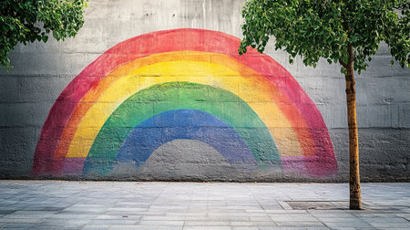 A vibrant rainbow mural adorns an urban wall, framed by lush green foliage. This colorful street art piece brings life and positivity to the cityscape.の素材