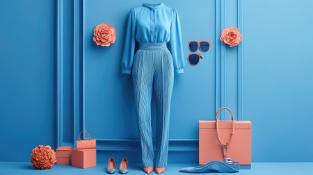A modern display featuring a chic blue outfit with stylish accessories against a striking blue background, perfect for fashion inspiration and decor ideas.の素材