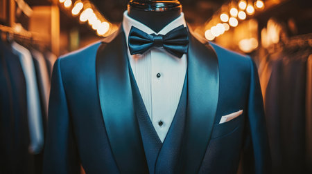 A stunning close-up of an elegant men's suit on display, featuring a classic bowtie and sophisticated details, perfect for formal occasions and stylish events.の素材