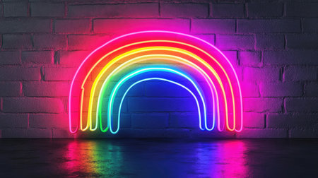 A vibrant neon rainbow design illuminating a wall with colorful lights, creating a joyful atmosphere perfect for modern decor and artistic inspiration.の素材