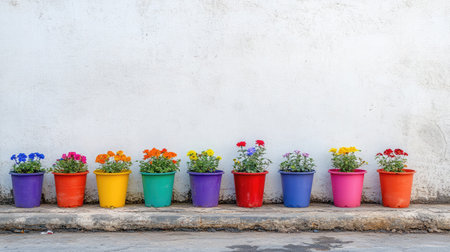 Brighten any space with this vibrant display of colorful flower pots against a white wall, showcasing beauty and joy in gardening and nature.の素材