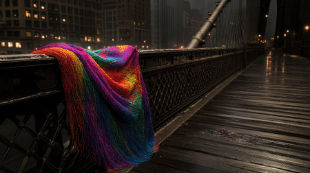 A vibrant, colorful yarn piece hangs over an urban bridge at night, creating a striking contrast against the wet wooden railing and city backdrop.の素材