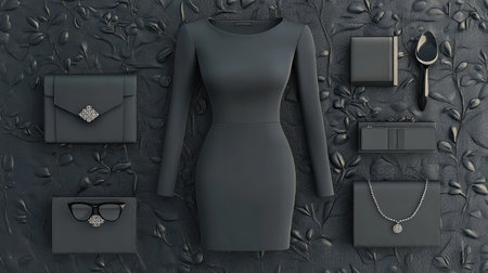 Discover an elegant arrangement of black fashion items, including a stylish dress, accessories, and jewelry, showcasing modern aesthetics and refinement.の素材
