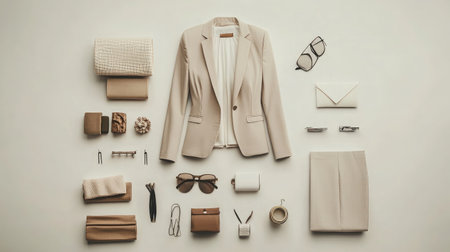 A sophisticated flat lay featuring a stylish business outfit with accessories. Ideal for fashion, business inspiration, or lifestyle themes. Perfect for promoting modern professionalism.の素材