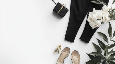 Discover a chic flat lay featuring stylish apparel and fashionable accessories, perfect for a modern lifestyle. Ideal for showcasing elegance and minimalism.の素材