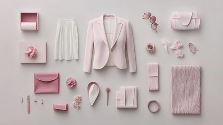 A beautiful arrangement of pastel fashion items, including clothing and accessories in shades of pink, perfect for spring inspiration and trendy styling.の素材