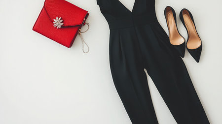 A stylish black jumpsuit paired with a striking red purse and elegant shoes, perfect for evening occasions or fashion-forward casual outings.の素材