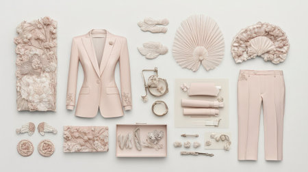 A beautifully arranged flatlay featuring elegant pink clothing and accessories, showcasing intricate details and textures in a modern and sophisticated style.の素材