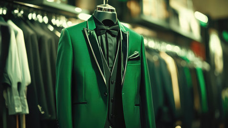 A stylish green suit displayed on a mannequin in a modern retail store, showcasing elegant tailoring and sophisticated design perfect for formal occasions.の素材