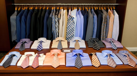 A well-organized display of various shirts and ties showcases different styles and colors, perfect for formal or business attire, emphasizing elegance and fashion.の素材