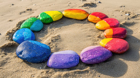 A vibrant circle of colorful stones arranged on sandy beach offers a creative outdoor decoration. Perfect for showcasing natureの素材