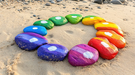 A vibrant arrangement of colorful painted rocks forms a circle on a sandy beach, creating a playful and artistic scene that embodies joy and creativity.の素材