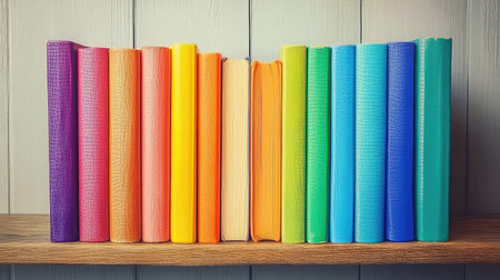A vibrant arrangement of colorful books on a wooden shelf, showcasing a rainbow spectrum that adds a creative touch to any reading space or decor.の素材