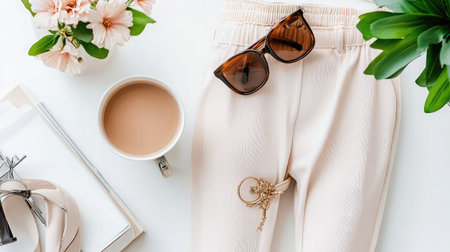 A chic flatlay showcasing a stylish casual outfit, complete with coffee, sunglasses, and flowers. Perfect for lifestyle and fashion inspiration.の素材