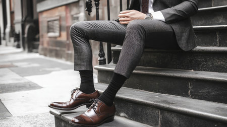 A stylish man showcases his elegant business attire while seated on steps, highlighting sophisticated shoes and modern fashion details in an urban setting.の素材