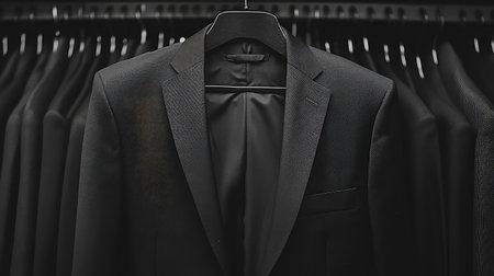 A sleek black suit elegantly displayed on a hanger in a classic store setting, emphasizing style, quality, and sophistication in menswear fashion.の素材