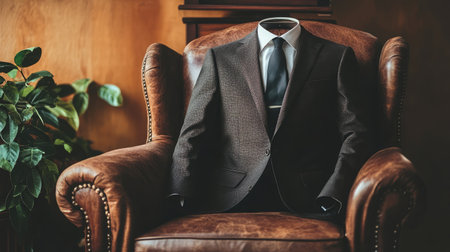 A unique image of a headless suit displayed on an elegant leather chair, surrounded by a vibrant plant, embodying a blend of professionalism and comfort in a cozy interior.の素材