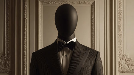 A stylish black suit with stripes is showcased on a mannequin. The elegant design features a bowtie, creating a sophisticated look suitable for formal occasions.の素材