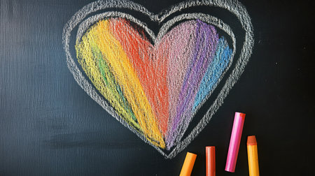 A vibrant heart drawing created with chalk markers on a blackboard. The rainbow colors evoke love and creativity, perfect for education and art projects.の素材