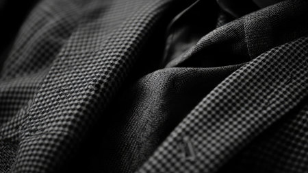 Close-up view of an elegant black and white fabric texture, showcasing intricate patterns ideal for fashion design projects and textiles. Perfect for tailoring and clothing applications.の素材