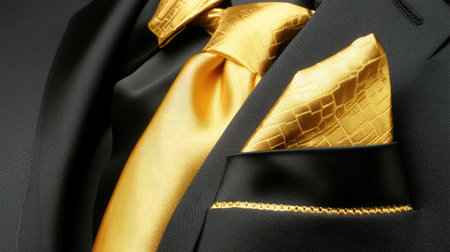 A close-up view of an elegant black suit featuring striking gold accessories, including a tie and pocket square. Perfect for formal occasions and stylish events.の素材