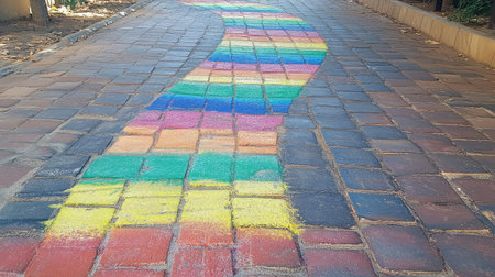 A vibrant and colorful path on a cobblestone street, showcasing artistic expression through bright and playful designs. Perfect for urban landscape themes.の素材