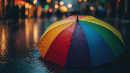 A vibrant rainbow umbrella stands prominently on a rain-soaked street, capturing the essence of urban life on a rainy evening. Soft lights illuminate the scene.の素材