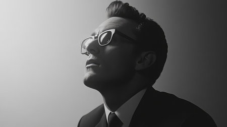 A stylish man in profile wearing glasses and a suit, exuding elegance and sophistication. The monochrome lighting highlights his thoughtful expression for a modern portrait.の素材