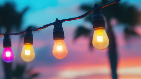 Colorful string lights illuminate the evening sky, creating a warm and inviting atmosphere. Perfect for outdoor gatherings or festive celebrations.の素材
