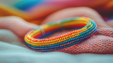 A stunning close-up of a colorful beaded bracelet resting on soft textiles. This beautiful accessory showcases vibrant colors and intricate design, perfect for jewelry lovers.の素材