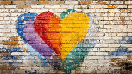 A vibrant heart mural painted on a textured brick wall, showcasing a beautiful blend of colors and artistic expression. Ideal for urban art themes.の素材