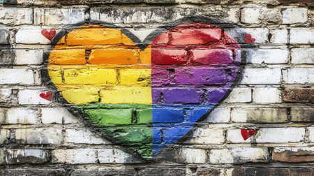 A vibrant heart mural painted on a brick wall displays a rainbow of colors, symbolizing love and inclusivity. The artwork adds beauty to the urban landscape.の素材