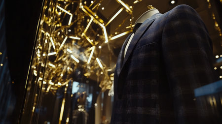 A stylish suit is showcased in a modern boutique, featuring sophisticated lighting and design elements that enhance the luxurious shopping experience.の素材