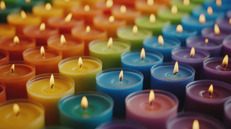 A vibrant array of colorful candles burning softly, radiating warmth and tranquility. Perfect for creating a cheerful atmosphere for events or relaxation.の素材
