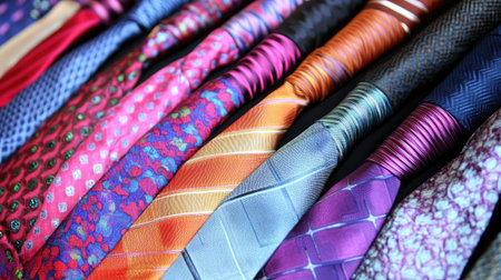 A vibrant array of colorful ties displayed in a row, showcasing various patterns and textures. Perfect for fashion and accessory inspiration in formal wear.の素材