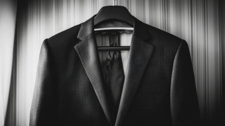 A sophisticated black suit displayed elegantly on a hanger, showcasing fine tailoring and modern design, perfect for a fashion or business context.の素材