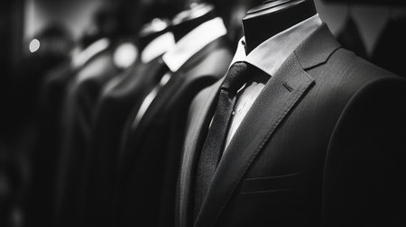 Discover elegant formal attire displayed on mannequins in a stylish monochrome setting, showcasing the sophistication of men's fashion and tailored suits.の素材