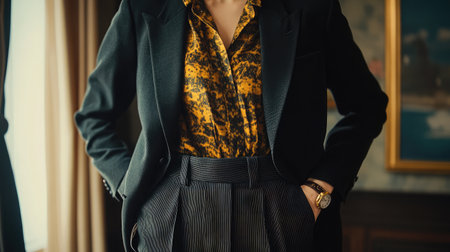 A confident woman showcases a blend of modern business fashion with a stylish suit and patterned shirt, highlighting elegance and professionalism in a sophisticated environment.の素材