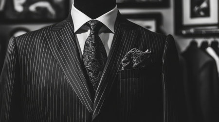 A stunning pinstriped suit showcased in a chic boutique, highlighting its luxurious tailoring and elegant details, perfect for formal occasions and business events.の素材