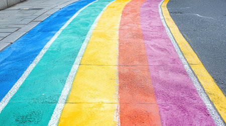 A colorful rainbow crosswalk design brightens an urban street, representing diversity and inclusion. This vibrant artwork adds character and joy to public spaces.の素材