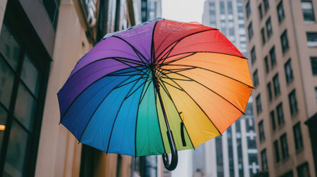 A vibrant rainbow umbrella stands out in a rainy urban setting, capturing the essence of city life with a splash of color against the gray backdrop.の素材