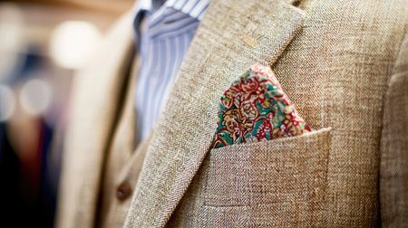 A close-up of an elegant suit featuring a colorful pocket square, showcasing the intricate patterns and textures that elevate formal attire. Perfect for style inspiration.の素材