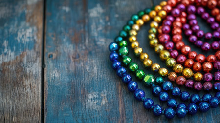 A vibrant display of colorful beads arranged on a rustic wooden surface, showcasing a playful mix of hues and textures perfect for creative projects.の素材